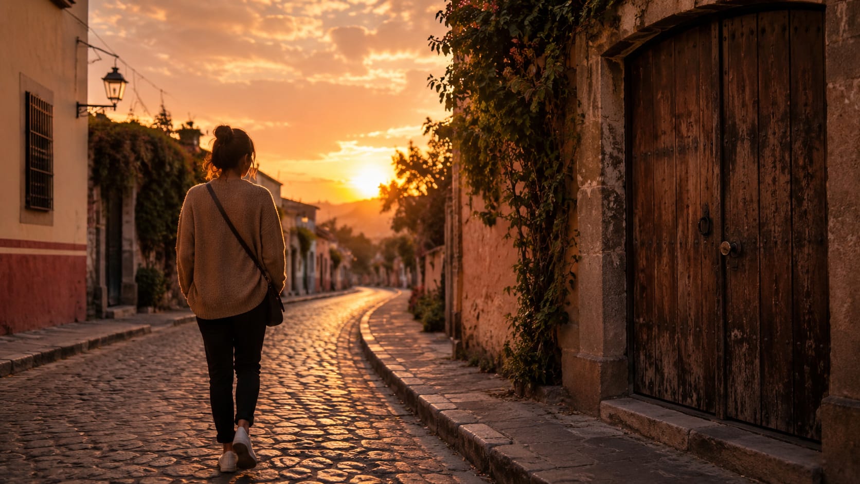 Persona caminando sola por una calle tranquila al atardecer, simbolizando los ciclos que vuelven y la posibilidad de responder distinto.