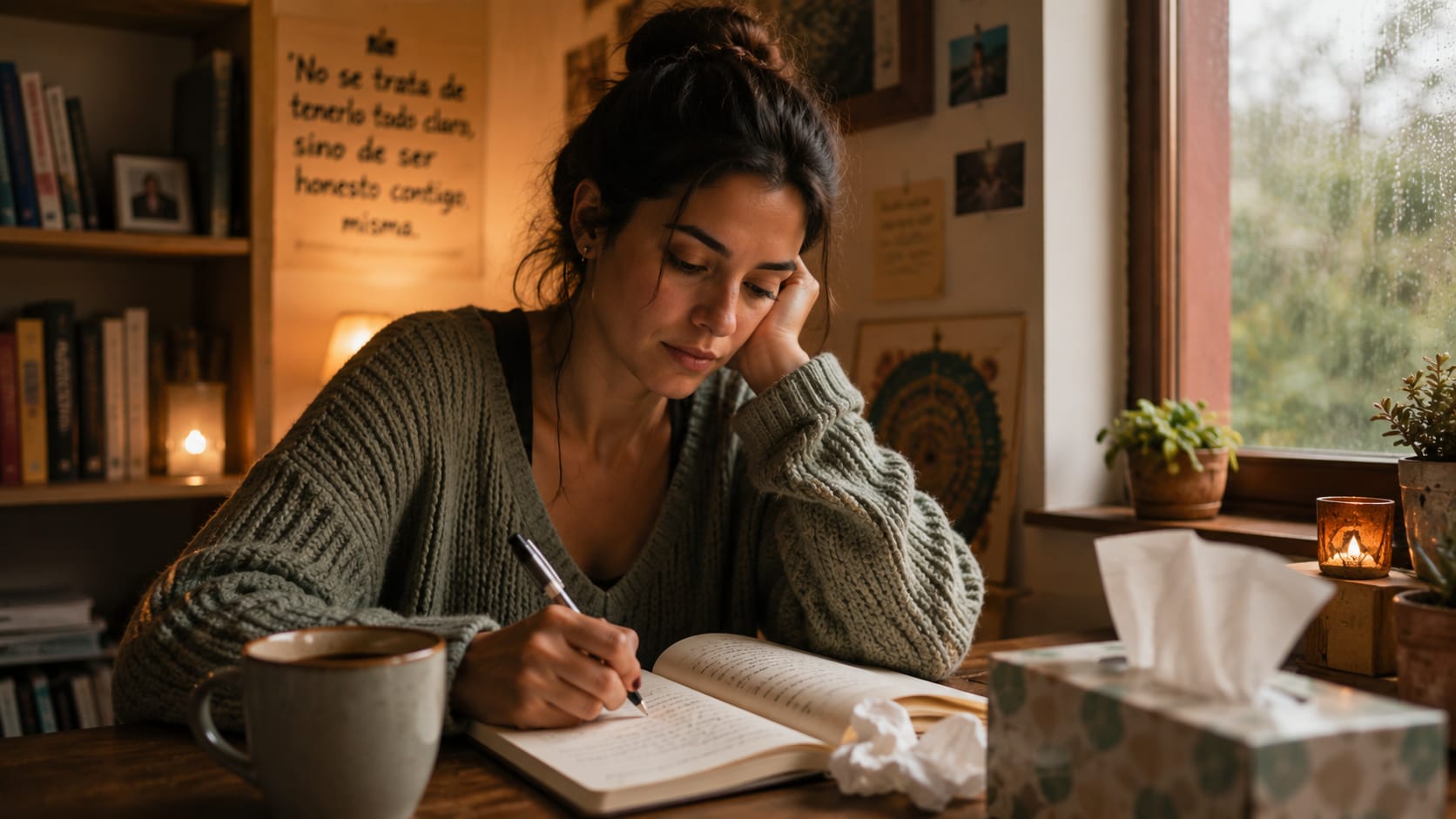 Persona escribiendo en un cuaderno junto a pañuelos y café, simbolizando el acto de mirar una herida emocional sin esconderla.