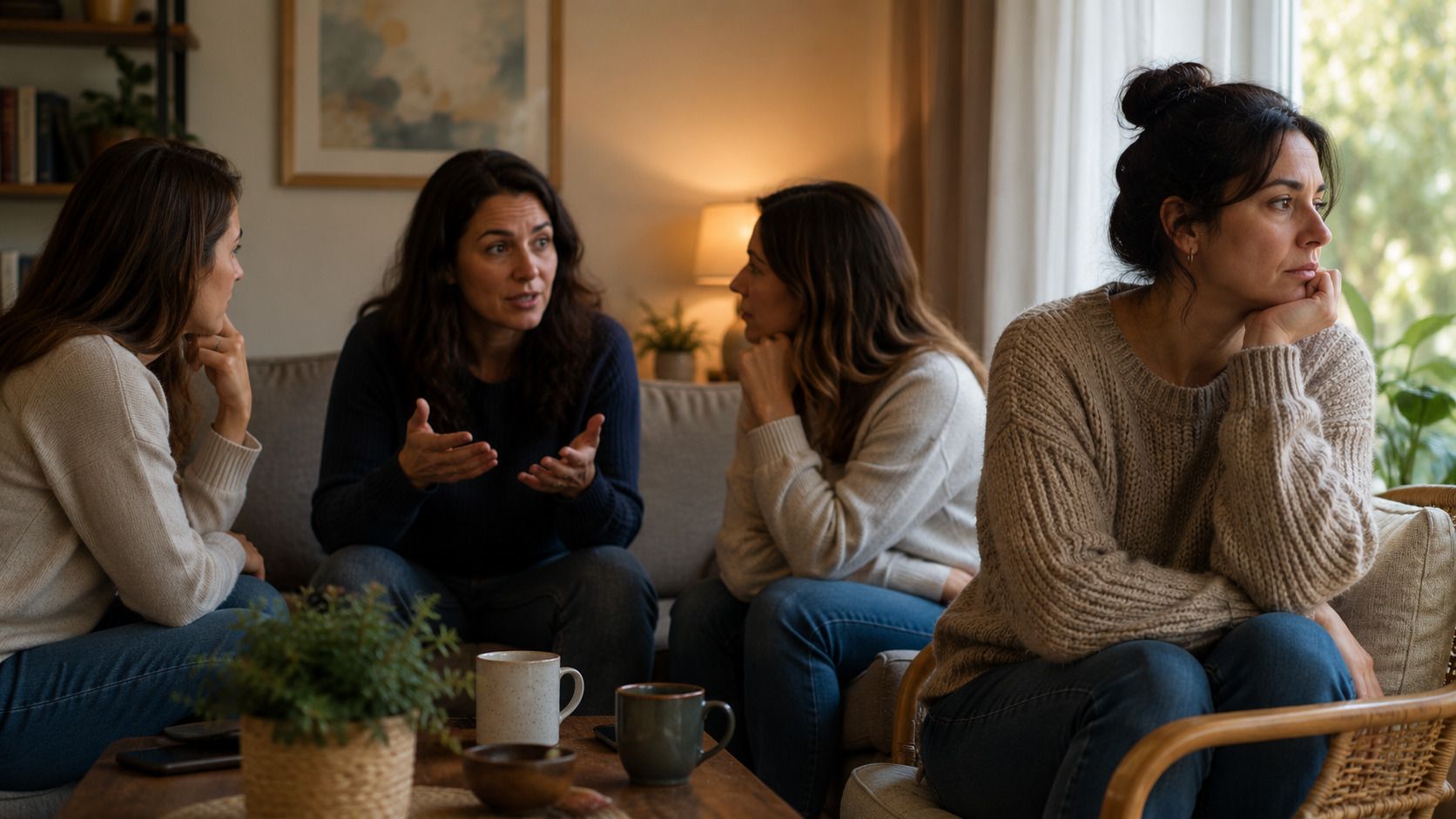 Grupo de mujeres conversando en un living cálido, mientras una persona se aparta y mira por la ventana con cansancio emocional.