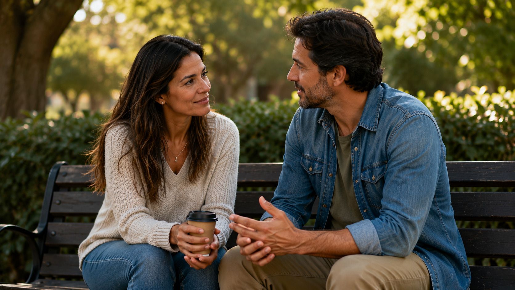Pareja latinoamericana sentada en un banco de parque, conversando con calma, cercanía emocional y respeto bajo una luz natural cálida.