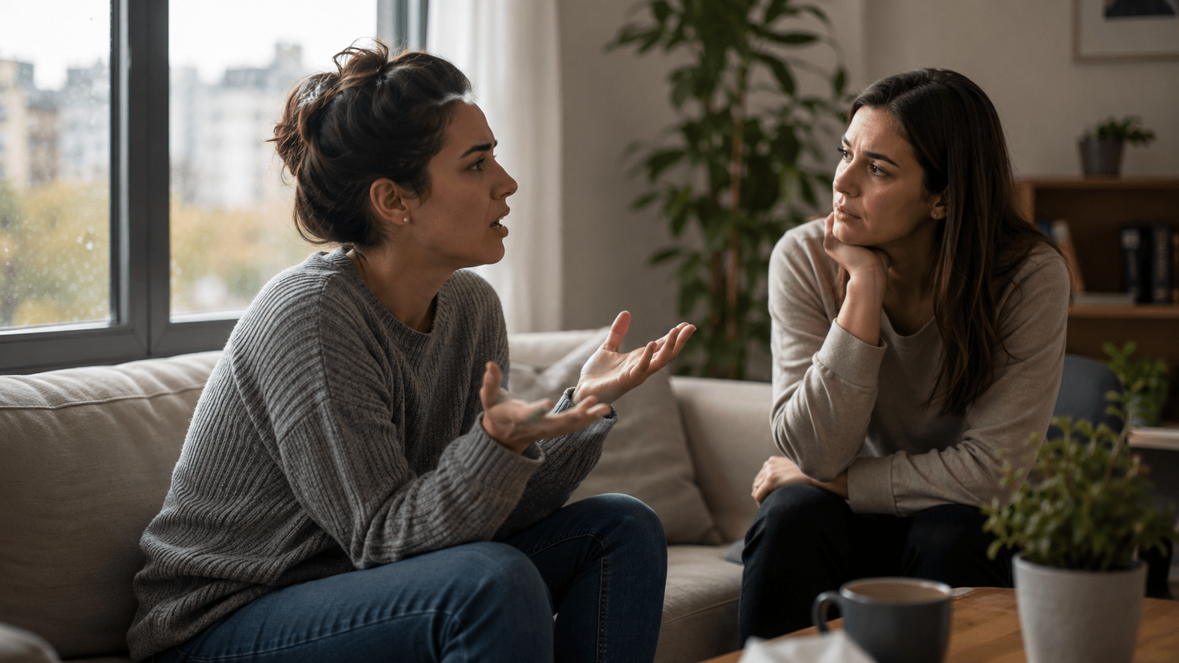 Dos personas conversando en un ambiente cálido, mientras una expresa su frustración y la otra escucha con atención y empatía, representando la diferencia entre la queja repetitiva y la necesidad de sentirse comprendido.