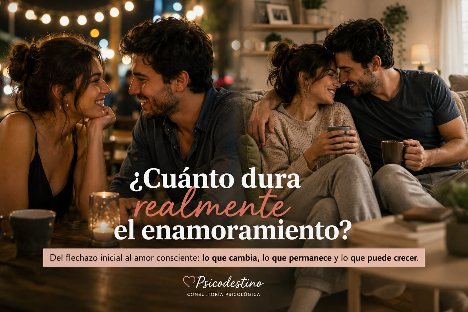 Pareja latinoamericana en dos momentos del vínculo: una primera cita intensa y una escena cotidiana de afecto sereno en el hogar.