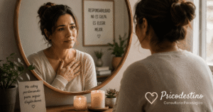 Mujer latinoamericana frente a un espejo, con una mano sobre el pecho y expresión compasiva, simbolizando culpa, responsabilidad y autoperdón.