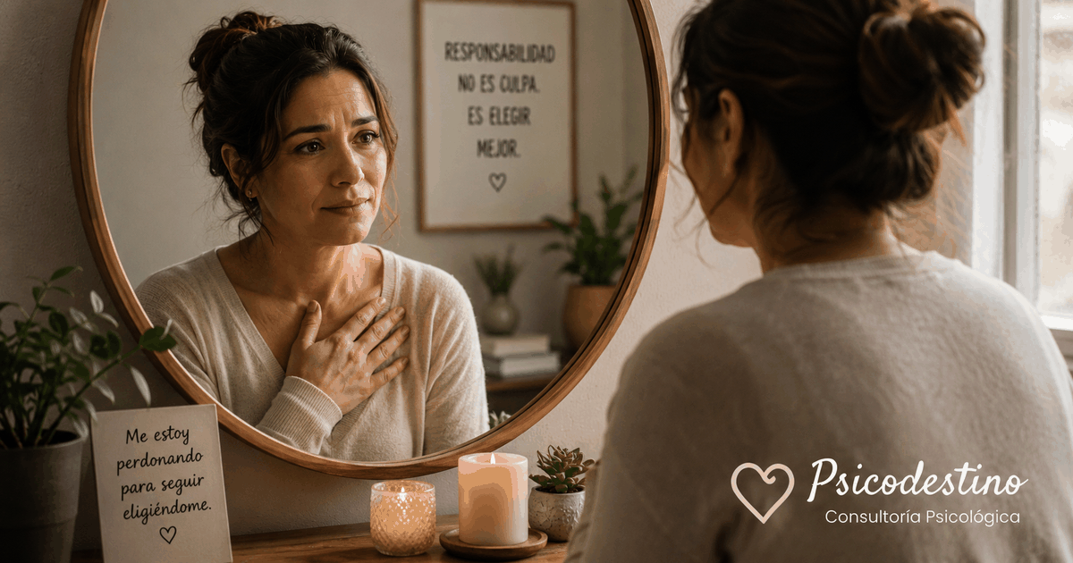 Mujer latinoamericana frente a un espejo, con una mano sobre el pecho y expresión compasiva, simbolizando culpa, responsabilidad y autoperdón.