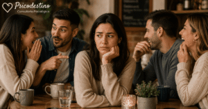 Grupo de personas latinoamericanas criticando en una mesa mientras una mujer permanece incómoda, simbolizando el contagio de la crítica y el juicio social.