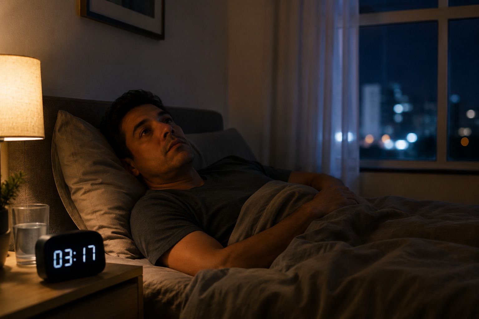 Hombre latinoamericano despierto en la cama durante la madrugada, con luz tenue, mirada pensativa y un reloj marcando las 3:17.