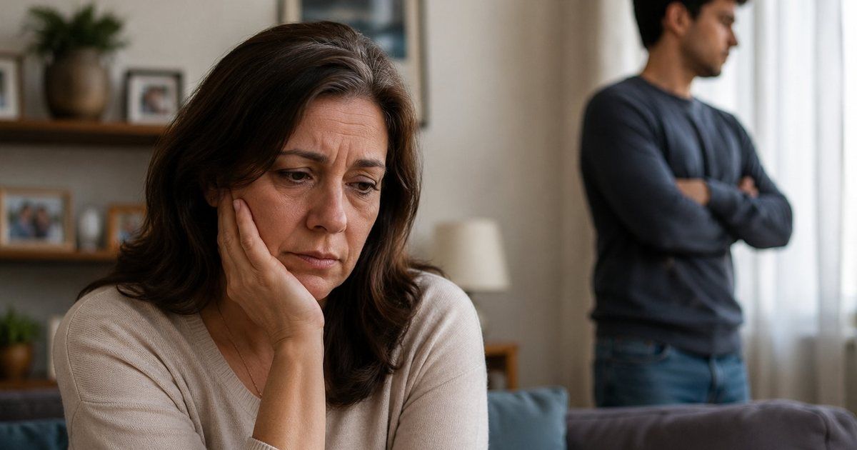 Madre latinoamericana triste y reflexiva en primer plano mientras su hijo adulto permanece distante al fondo después de una discusión familiar.