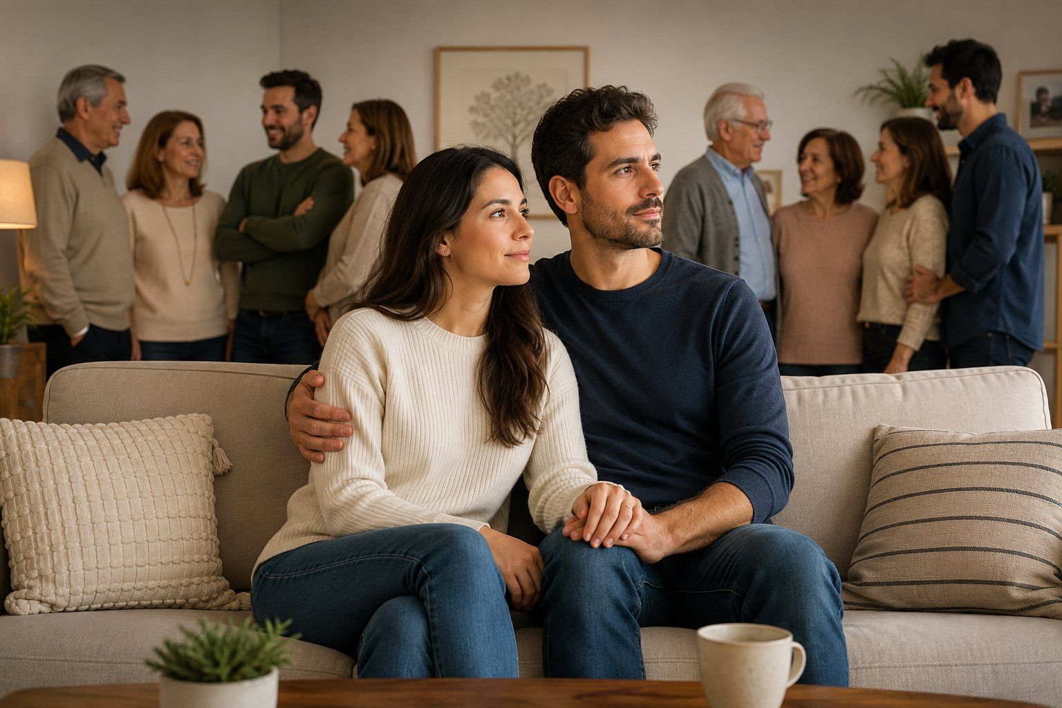 Pareja latinoamericana unida en primer plano mientras sus familias conversan a ambos lados, simbolizando límites, lealtades y vínculos familiares.