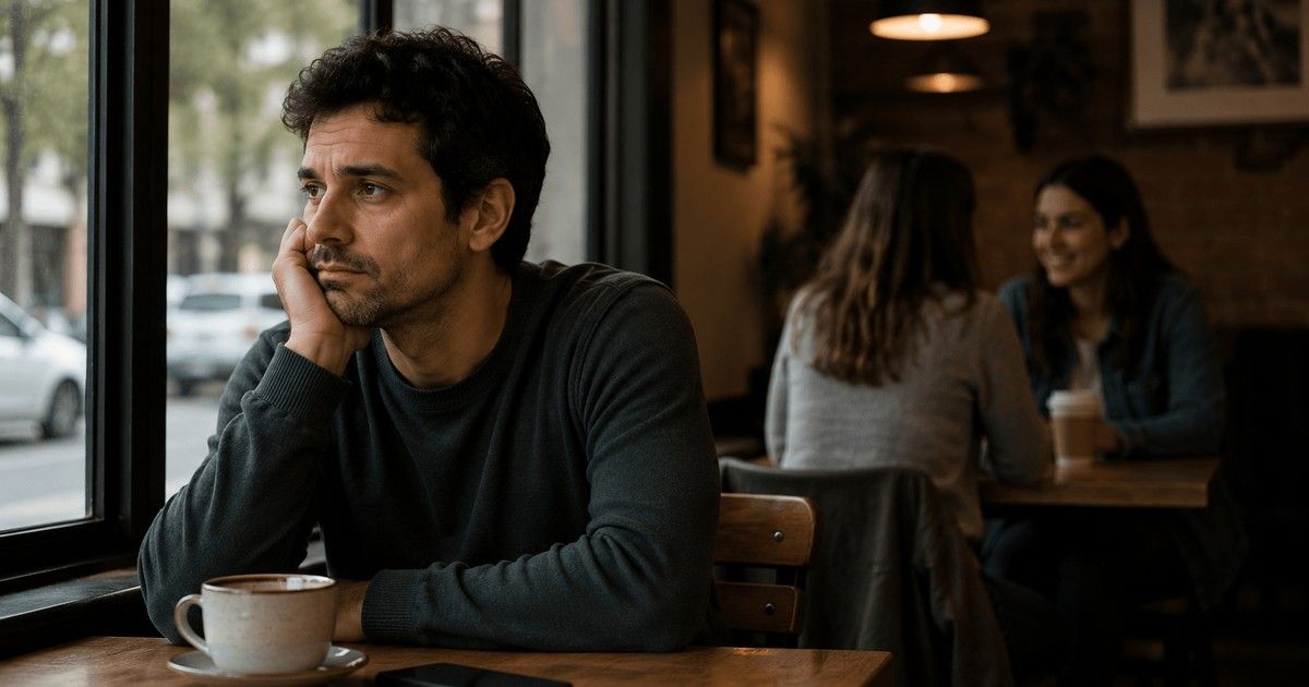 Persona latinoamericana sentada sola en una cafetería, mirando por la ventana con expresión pensativa, mientras otras personas conversan al fondo.