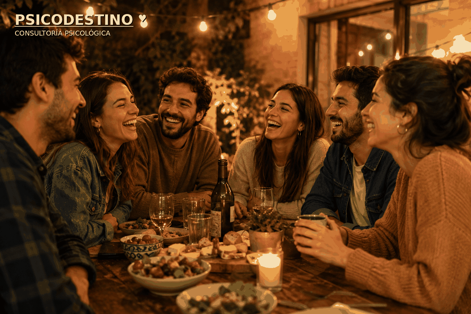 Grupo de amigos reunidos alrededor de una mesa, riendo con naturalidad en un ambiente cálido que representa amistad, pertenencia y apoyo emocional.
