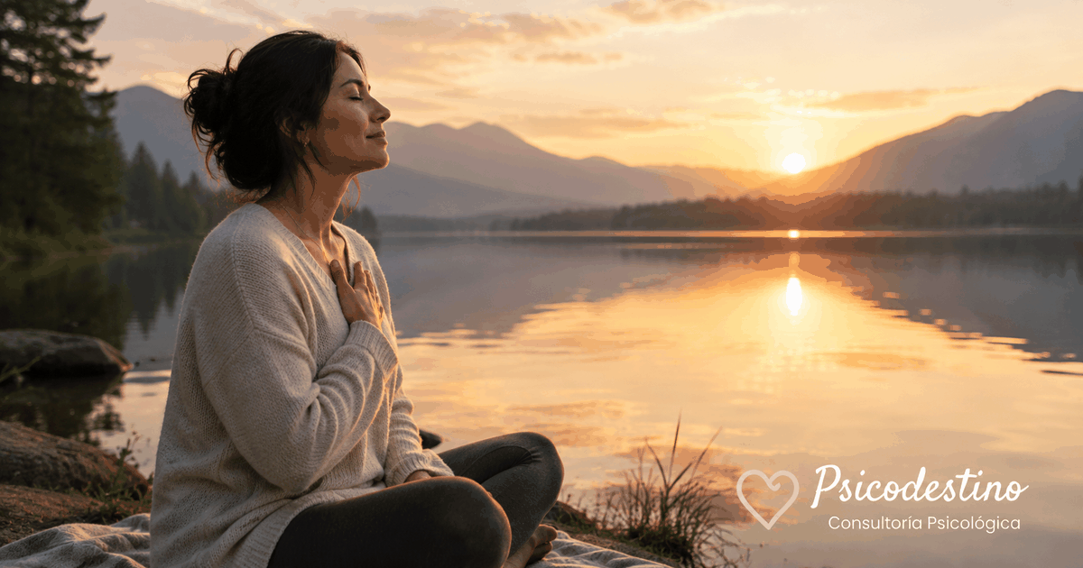 Mujer latinoamericana meditando junto a un lago al amanecer, con una mano sobre el pecho, en una escena de serenidad, presencia y calma interior.