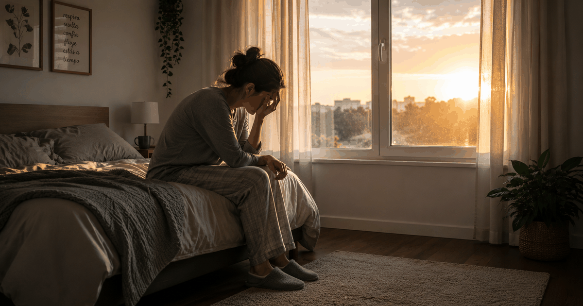 Mujer latinoamericana sentada en el borde de la cama al amanecer, con postura cansada y luz cálida entrando por la ventana, simbolizando desánimo y esperanza.