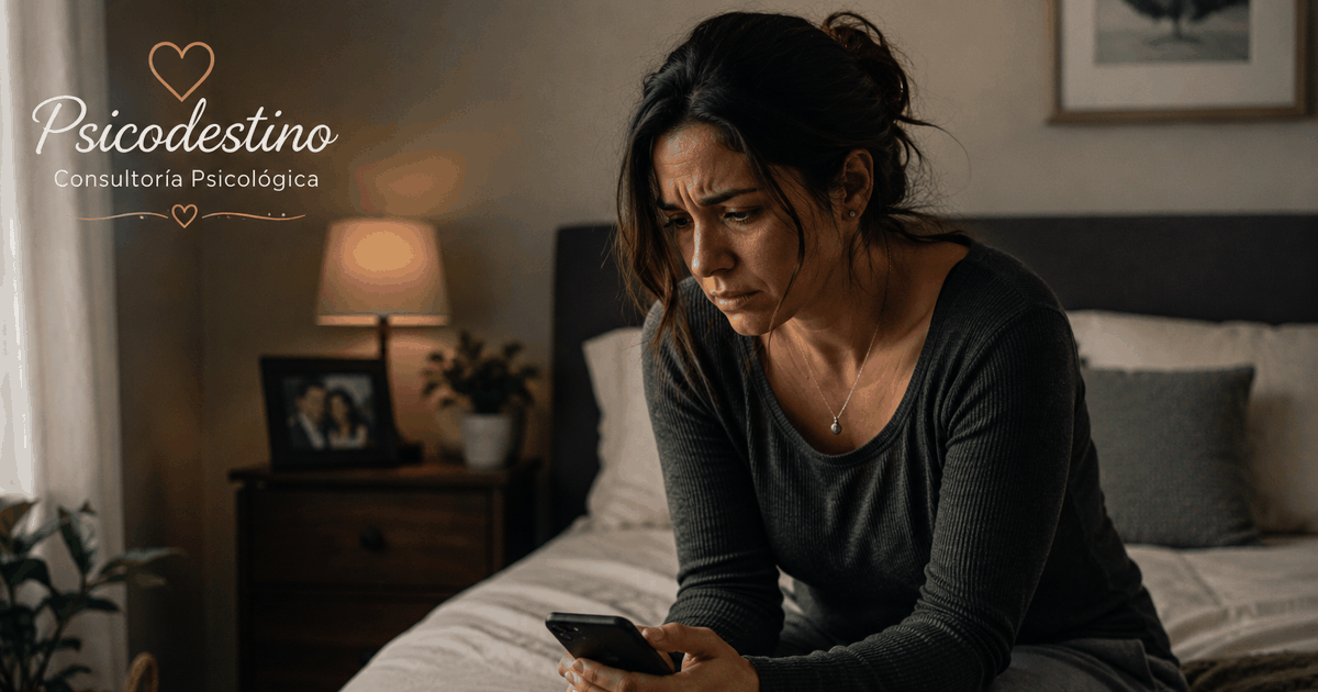 Mujer sentada en el borde de una cama mirando su teléfono con dolor y desconcierto, tras descubrir una infidelidad en su relación de pareja.