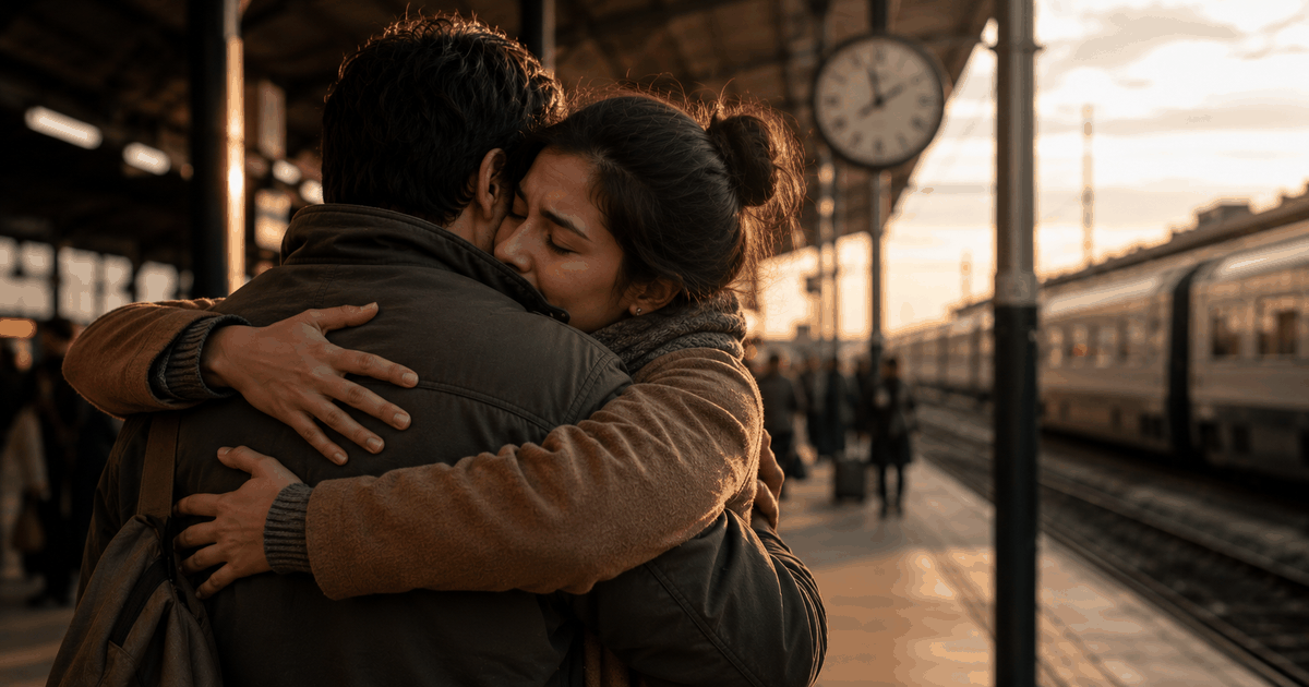 Pareja latinoamericana abrazándose en una estación de tren durante una despedida, con una expresión de amor, tristeza y aceptación.