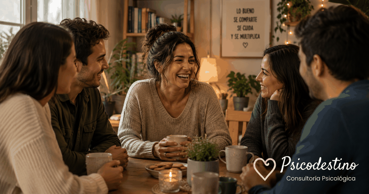 Grupo de amigos latinoamericanos compartiendo una conversación cálida y alegre en un ambiente íntimo, simbolizando apoyo, confianza y vínculos saludables.