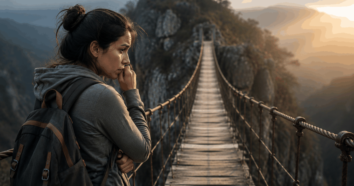 Mujer latinoamericana frente a un puente colgante entre montañas, sintiendo miedo pero preparándose para avanzar con determinación.