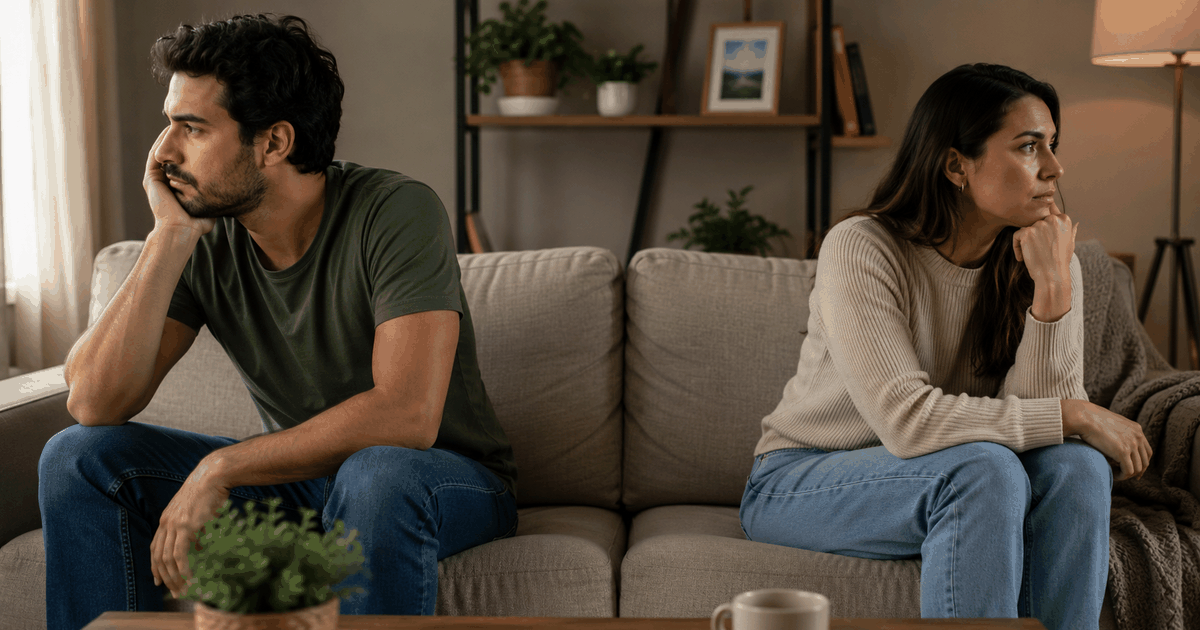 Pareja latinoamericana sentada en extremos opuestos de un sillón, reflejando distancia emocional a pesar del amor que todavía existe entre ambos.