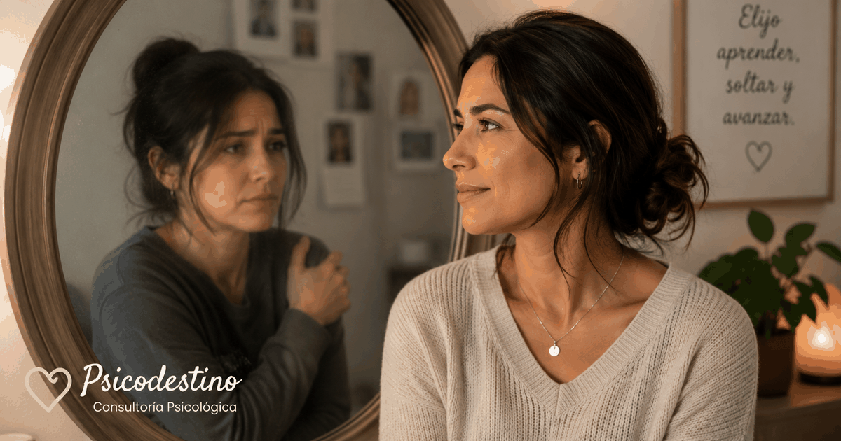 Mujer latinoamericana observándose en un espejo, donde aparece una versión más vulnerable de sí misma, simbolizando aprendizaje, integración y crecimiento.