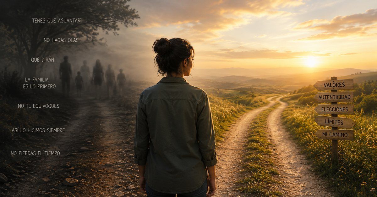 Mujer latinoamericana frente a dos caminos, uno oscuro ligado a mandatos familiares y otro luminoso que simboliza valores, límites y elección personal.