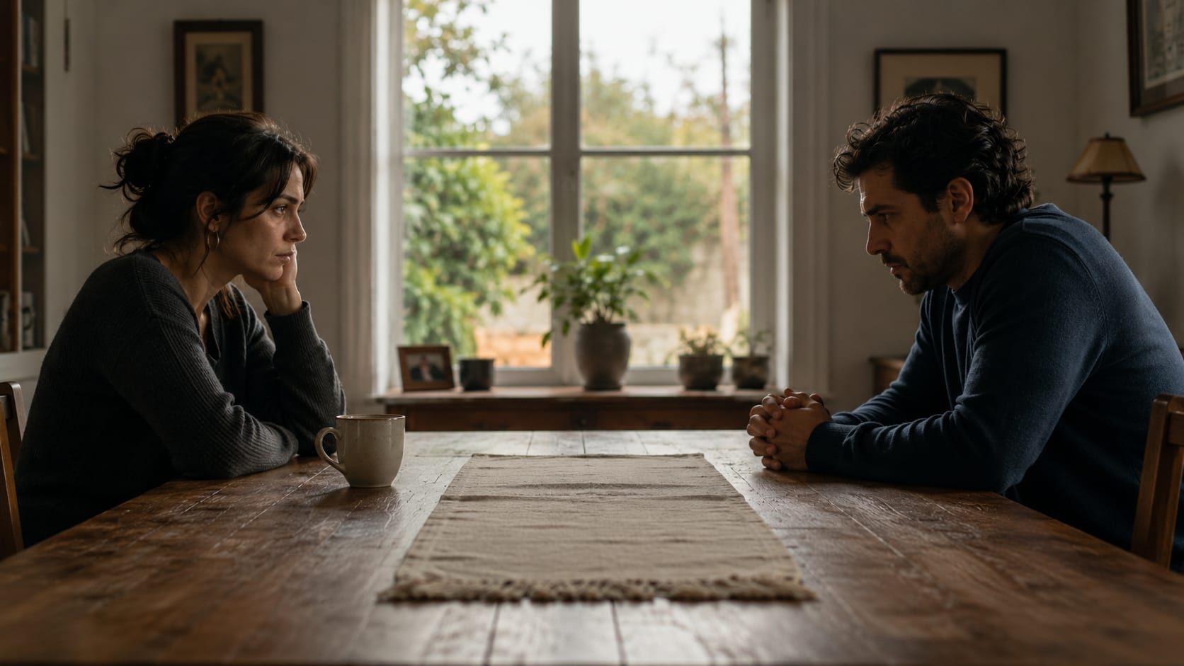 Dos personas sentadas en extremos opuestos de una mesa, reflejando distancia emocional y una reparación pendiente.