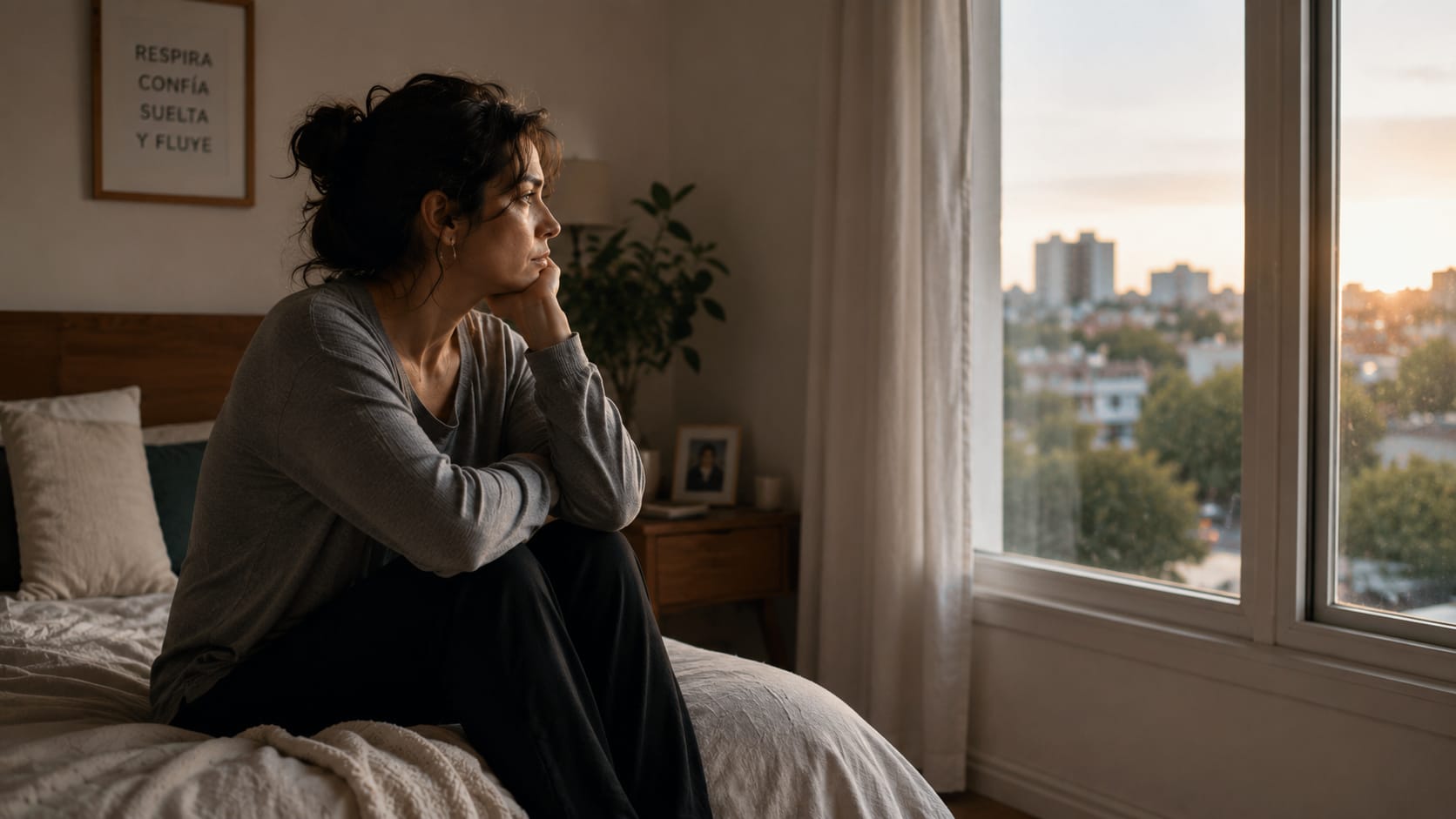 Persona sentada sola en el borde de una cama mirando por la ventana, reflejando duda y cansancio emocional ante la decisión de quedarse o irse.