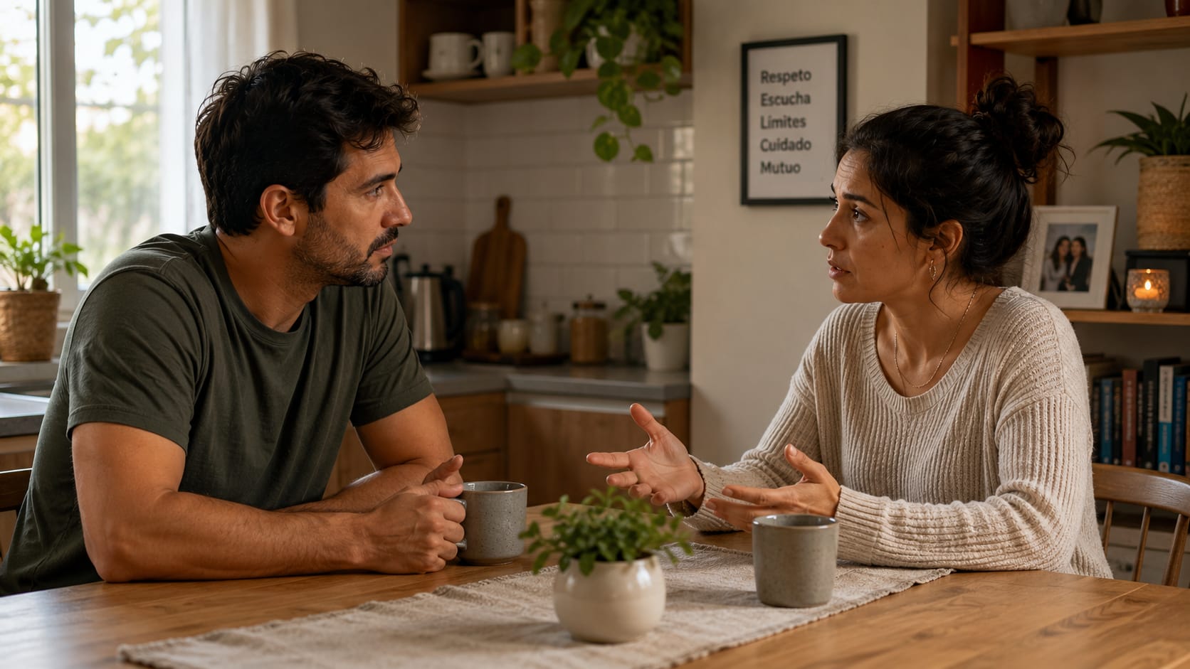Dos personas conversando con respeto en una mesa de cocina, simbolizando un límite expresado con claridad sin romper el vínculo.