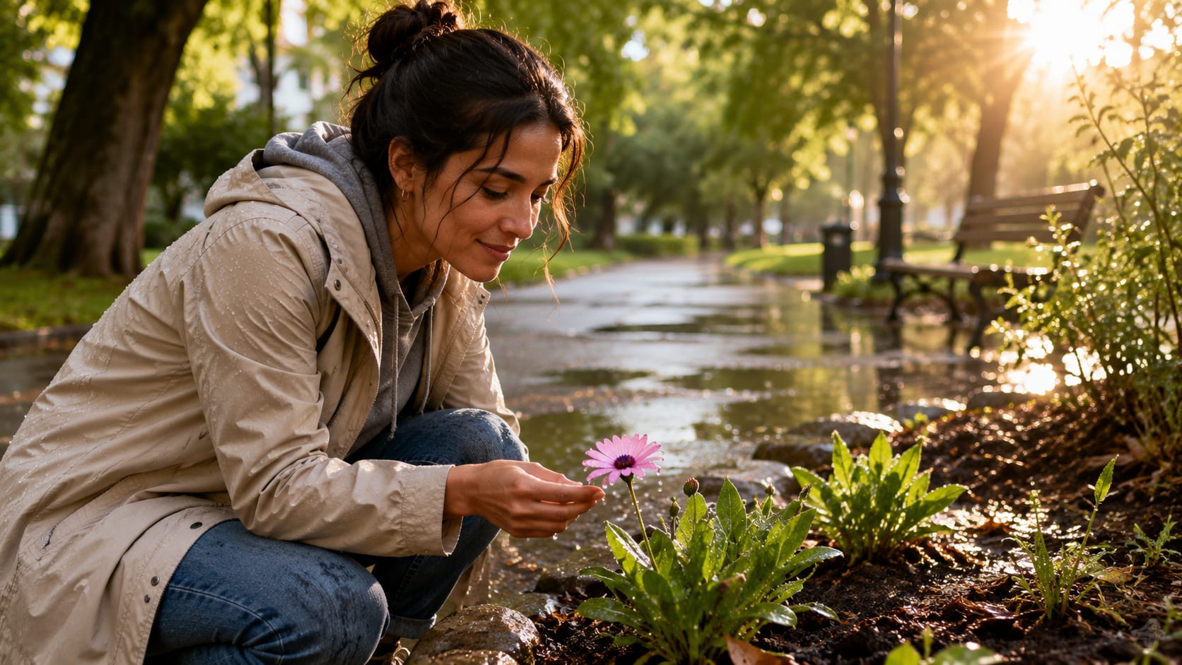 Persona observando una flor después de la lluvia en un parque, simbolizando la capacidad de encontrar belleza y esperanza en lo cotidiano.