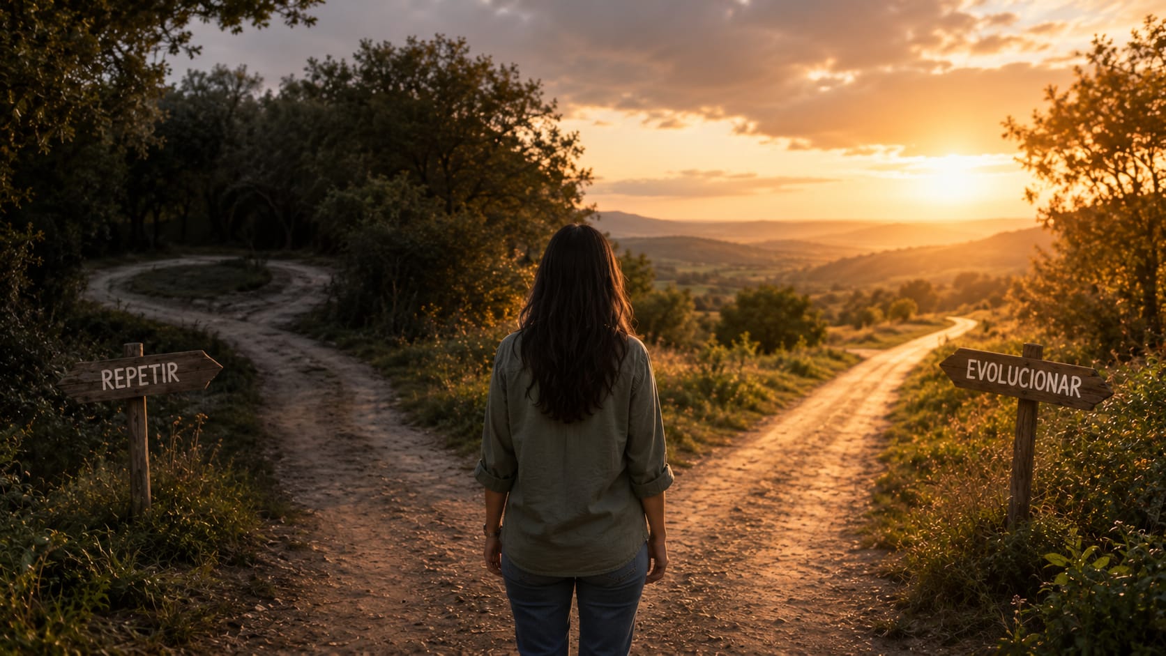 Persona frente a dos caminos señalados como repetir y evolucionar, simbolizando la elección entre viejos patrones y transformación personal.
