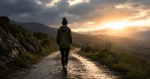 Mujer caminando por un sendero después de la lluvia, entre nubes oscuras y una luz cálida en el horizonte, como símbolo de aceptación y transformación.