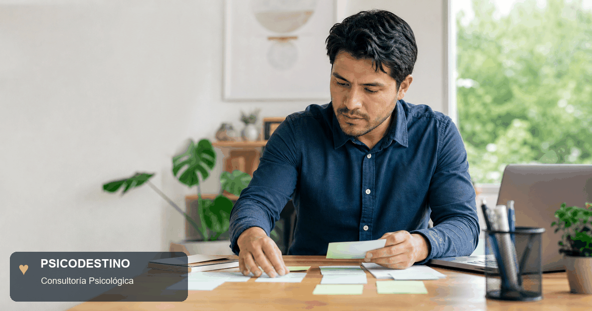 Profesional latinoamericano reorganiza notas en un escritorio luminoso, representando aprendizaje y recuperación del rumbo después de un fracaso.