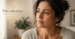 Mujer con lágrimas contenidas y una mano sobre el pecho, en actitud introspectiva, mientras reconoce y escucha el mensaje emocional de su tristeza.