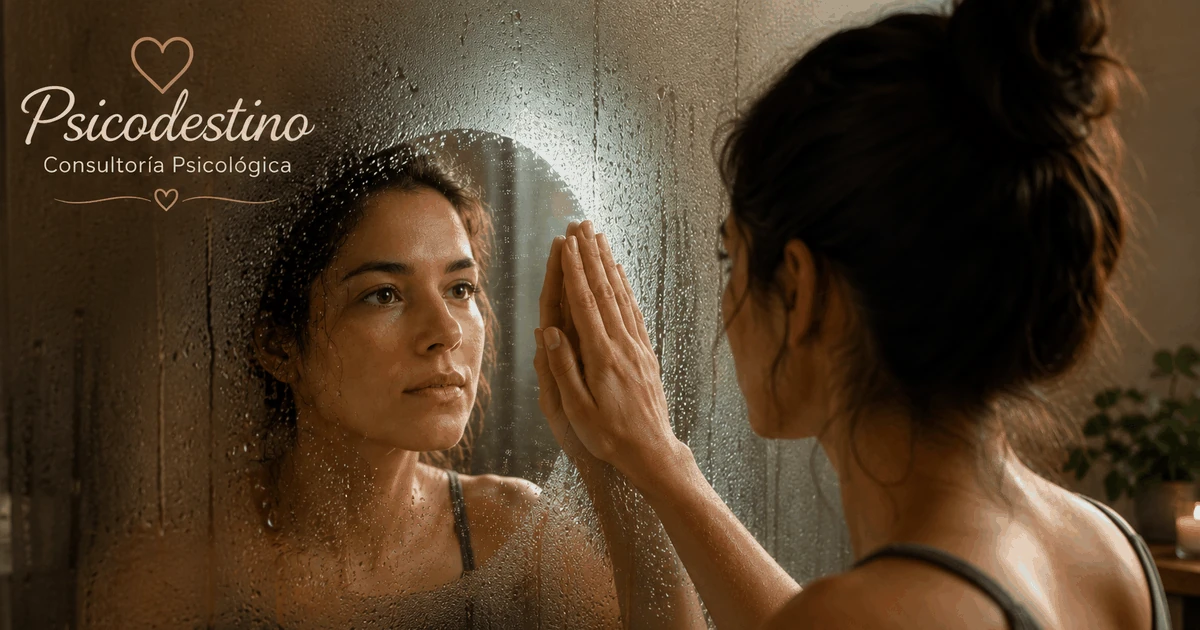 Mujer frente a un espejo empañado, descubriendo su reflejo mientras limpia el vidrio, como símbolo de reconocer lo negado y comenzar un proceso de transformación.