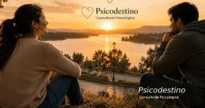 Dos personas latinoamericanas contemplando el mismo paisaje al atardecer con expresiones distintas, simbolizando cómo cada historia personal modifica la percepción de la realidad.