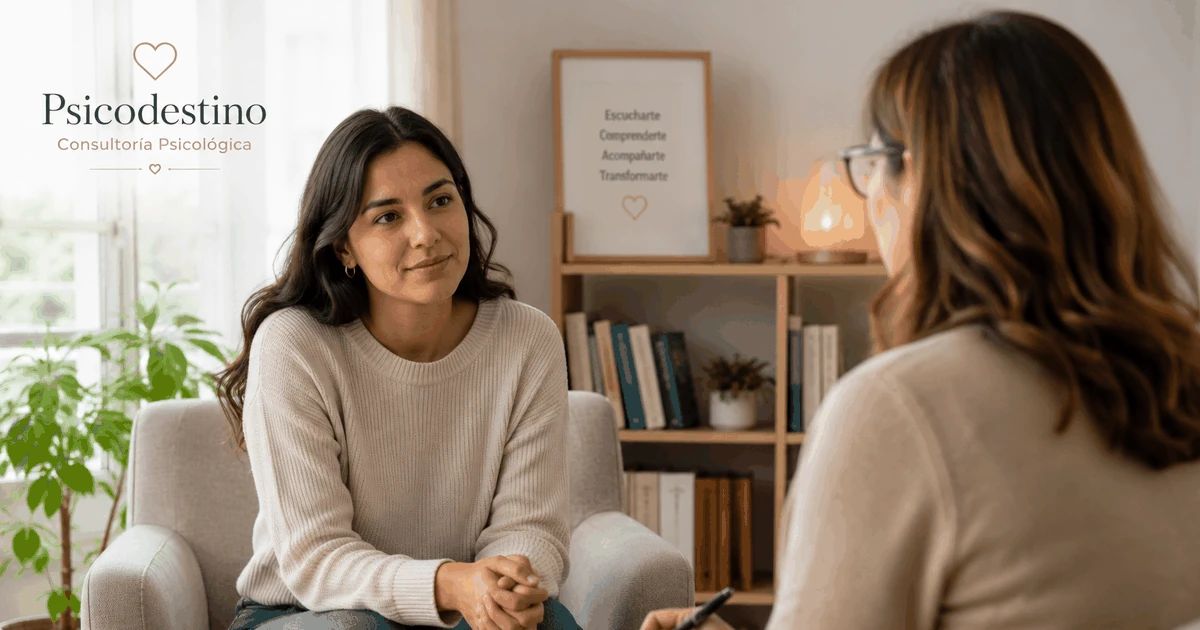 Mujer conversando con una profesional de la salud mental en un consultorio luminoso y cálido, en un clima de escucha, contención y acompañamiento.