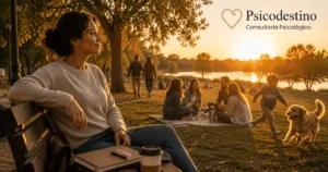 Mujer latinoamericana sentada en un parque al atardecer, dejando a un lado su agenda y observando con serenidad una escena cotidiana de conexión y vida presente.