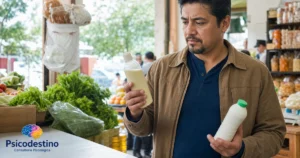 Hombre latinoamericano compara dos productos en un mercado y reflexiona sobre cómo los sesgos cognitivos influyen en sus decisiones.