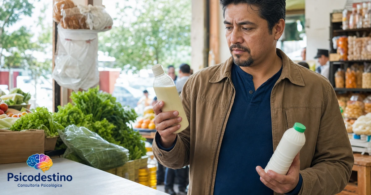 Hombre latinoamericano compara dos productos en un mercado y reflexiona sobre cómo los sesgos cognitivos influyen en sus decisiones.
