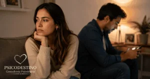 Mujer con expresión de tristeza mientras su pareja permanece distante y concentrada en el teléfono, representación de desconexión emocional.