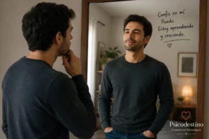 Hombre mirándose al espejo con dudas mientras su reflejo muestra mayor seguridad, simbolizando el proceso de fortalecer la confianza personal.