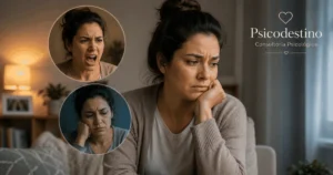 Mujer con expresión triste y pensativa, acompañada por dos escenas que representan enojo y abatimiento, simbolizando cambios de humor repentinos.