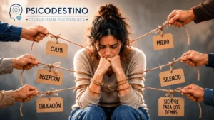 Mujer rodeada por manos que tiran de cuerdas con palabras como culpa, miedo, silencio y obligación, representando las formas del chantaje emocional.