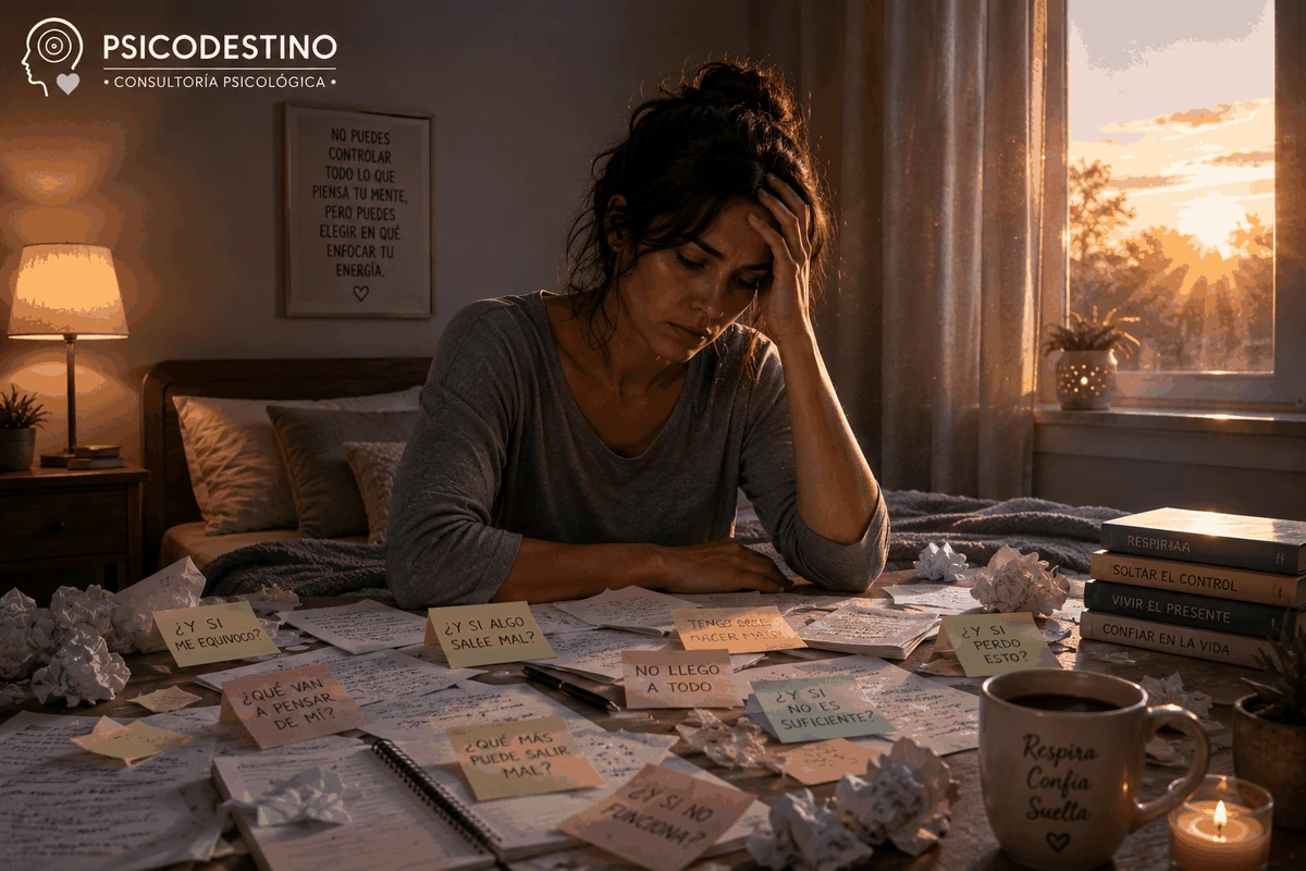 Mujer agotada rodeada de notas con pensamientos preocupantes, mientras la luz del amanecer simboliza claridad, calma y regreso al presente.