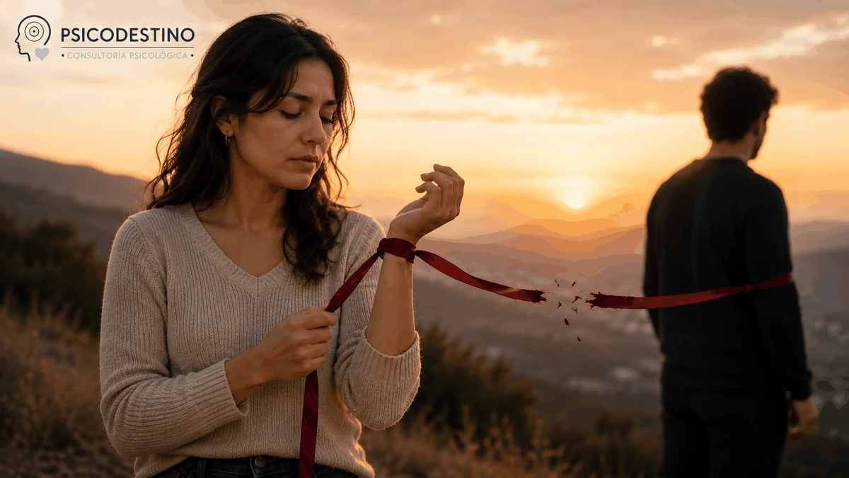 Mujer soltando una cinta roja que la unía a un hombre que se aleja, en una escena al atardecer que representa duelo, desapego y sanación emocional.