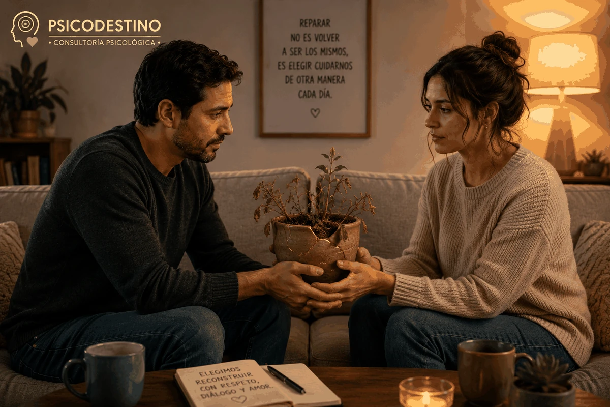 Pareja sentada frente a frente sosteniendo una maceta reparada con una planta que vuelve a brotar, símbolo de reconstrucción, diálogo y cuidado mutuo.