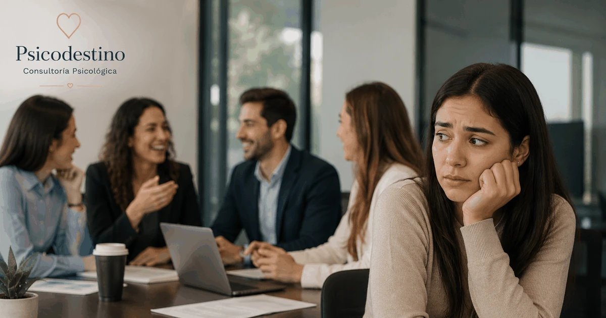 Mujer insegura y aislada durante una reunión laboral mientras observa a otras personas conversar con confianza, simbolizando comparación y complejo de inferioridad.