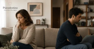 Madre e hijo adulto sentados en extremos opuestos de un sillón, evitando mirarse, como símbolo de distancia emocional, conflicto y rechazo vincular.