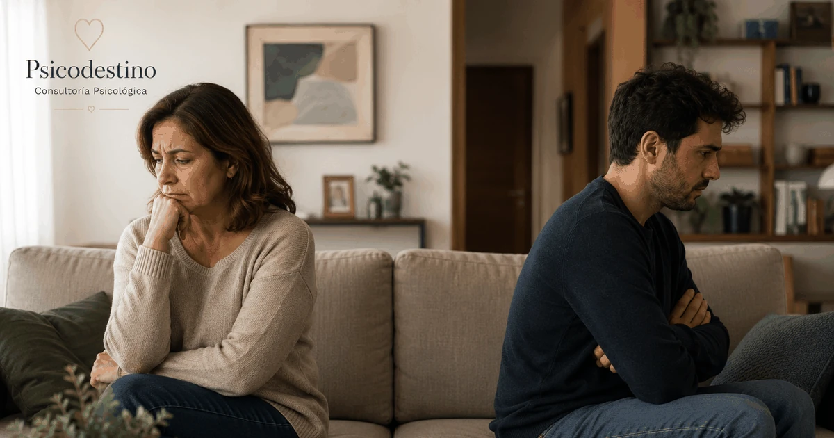Madre e hijo adulto sentados en extremos opuestos de un sillón, evitando mirarse, como símbolo de distancia emocional, conflicto y rechazo vincular.