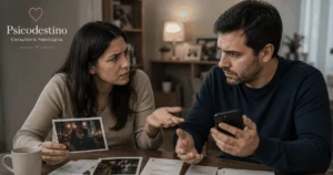 Pareja confrontada frente a fotografías, mensajes y pruebas contradictorias, simbolizando mentira patológica, desconfianza y pérdida de seguridad dentro del vínculo.