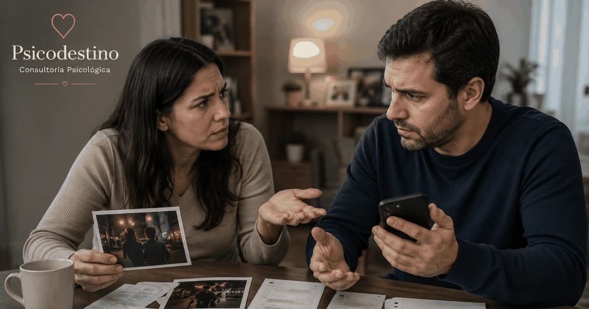 Pareja confrontada frente a fotografías, mensajes y pruebas contradictorias, simbolizando mentira patológica, desconfianza y pérdida de seguridad dentro del vínculo.