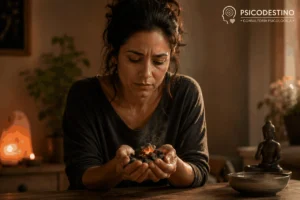 Mujer sosteniendo entre sus manos un carbón encendido que comienza a apagarse, símbolo del odio, el dolor interno y la posibilidad de liberación emocional.